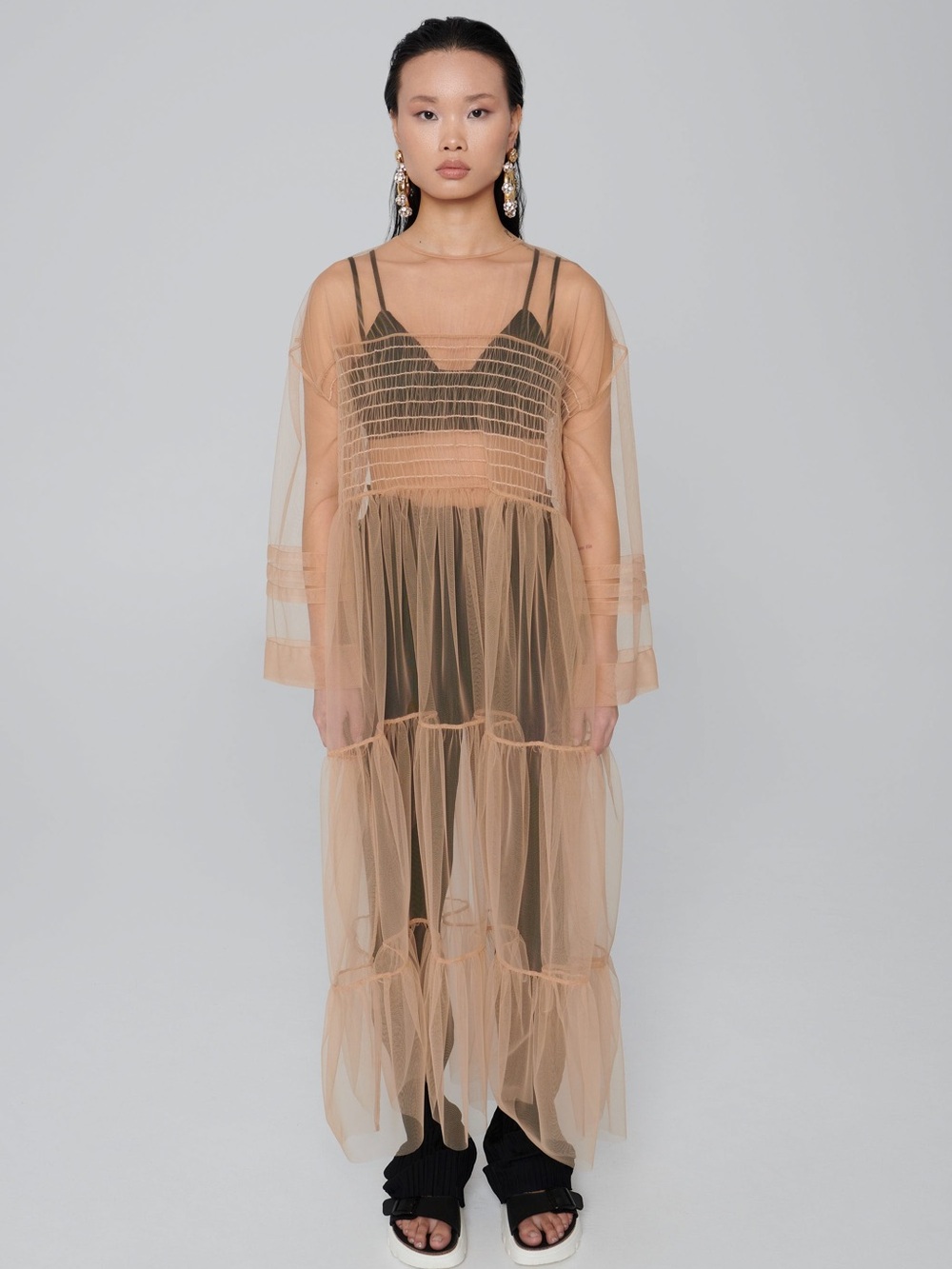 Sheer Tiered Long-Sleeve Maxi Dress in Peach